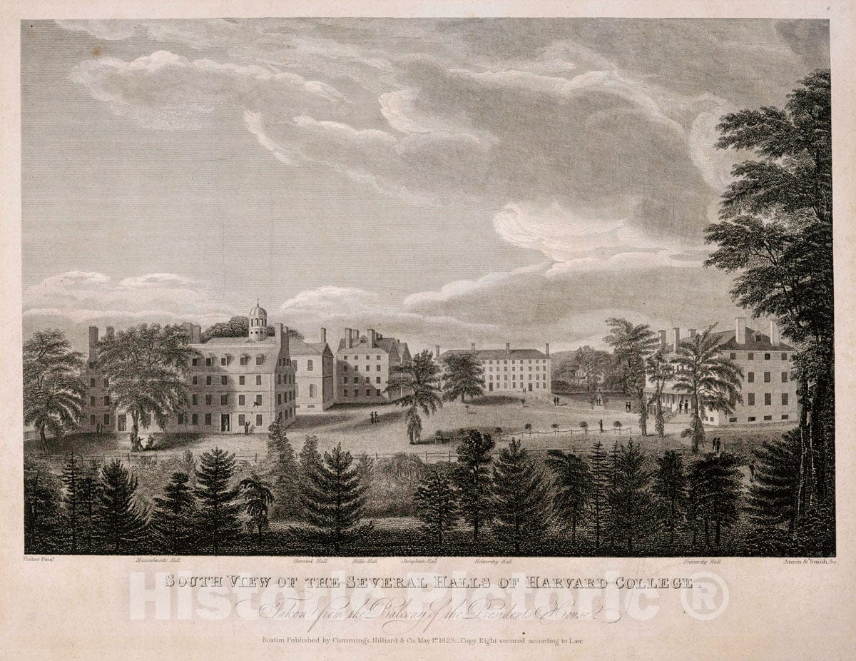 Art Print : 1823, South View of The Several Halls of Harvard College. Taken from The Balcony of The President's House. - Vintage Wall Art