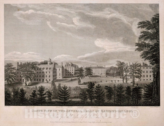 Art Print : 1823, South View of The Several Halls of Harvard College. Taken from The Balcony of The President's House. - Vintage Wall Art