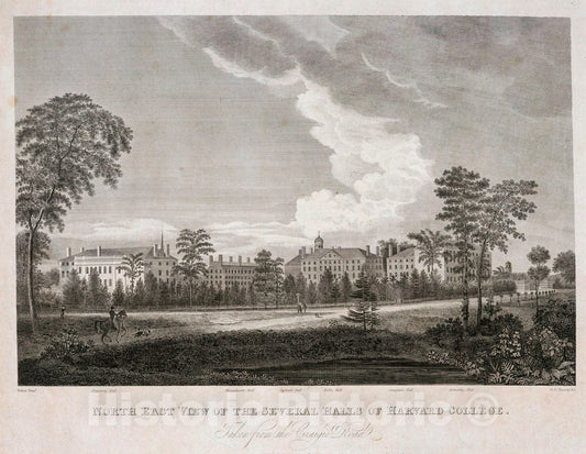 Art Print : 1823, North East View of The Several Halls of Harvard College. Taken from The Craigie Road. - Vintage Wall Art
