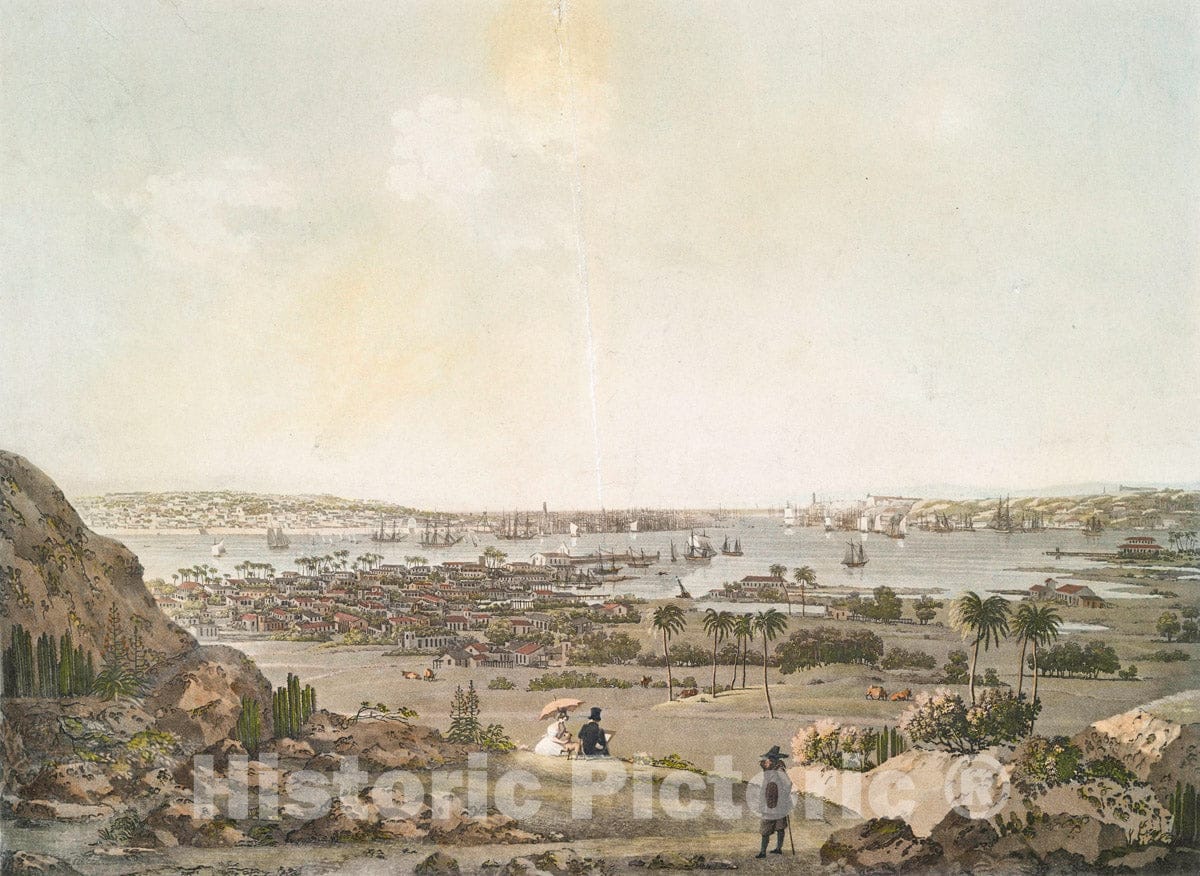 Art Print : 1830, Vue de la baie et Entree du Port de la Havane Prise du chemin de Guanabacca. - Vintage Wall Art