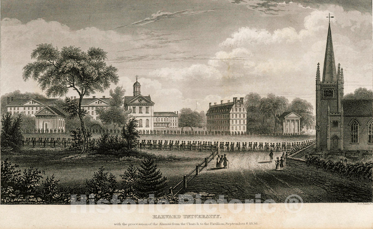 Art Print : 1840, Harvard University, with The Procession of The Alumni from The Church - Vintage Wall Art
