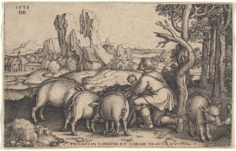 Art Print : The Prodigal Son as Swineherd, 1538 - Vintage Wall Art