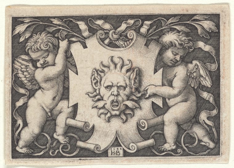 Art Print : Ornament with a Mask Held by Two Genii, 1544 - Vintage Wall Art