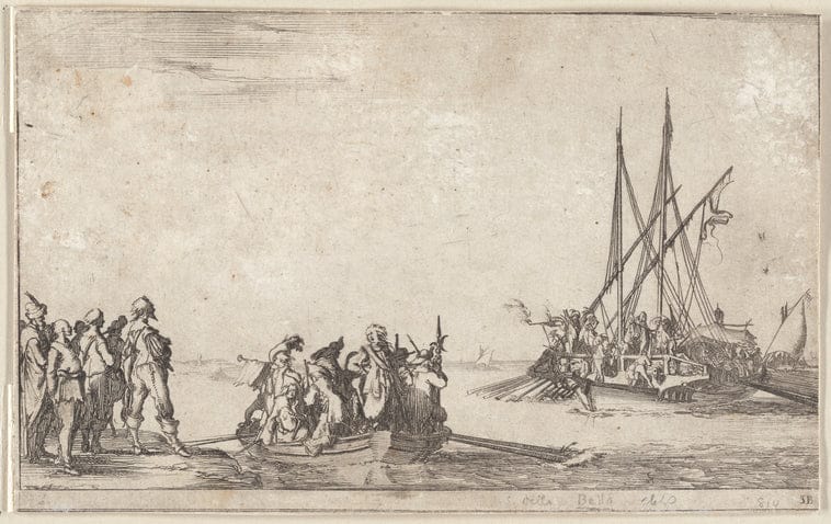 Art Print : Au milieu, une chaloupe Pleine d'hommes qui vont s'embarquer sur une galere qu'on voit a Droite, a quelque Distance, 1634 - Vintage Wall Art V2