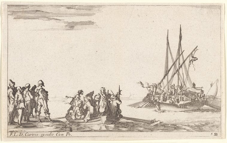Art Print : Au milieu, une chaloupe Pleine d'hommes qui vont s'embarquer sur une galere qu'on voit a Droite, a quelque Distance, 1634 - Vintage Wall Art V1