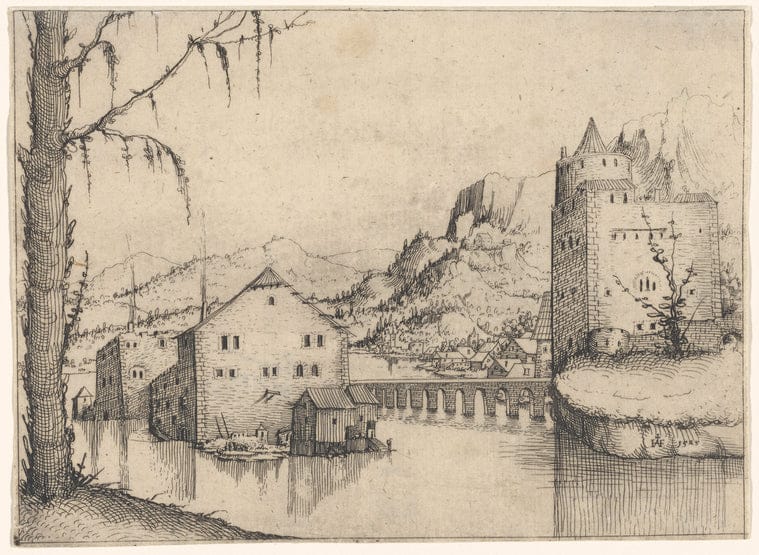 Art Print : Landscape with Two Buildings Surrounded by Water, 1545 - Vintage Wall Art