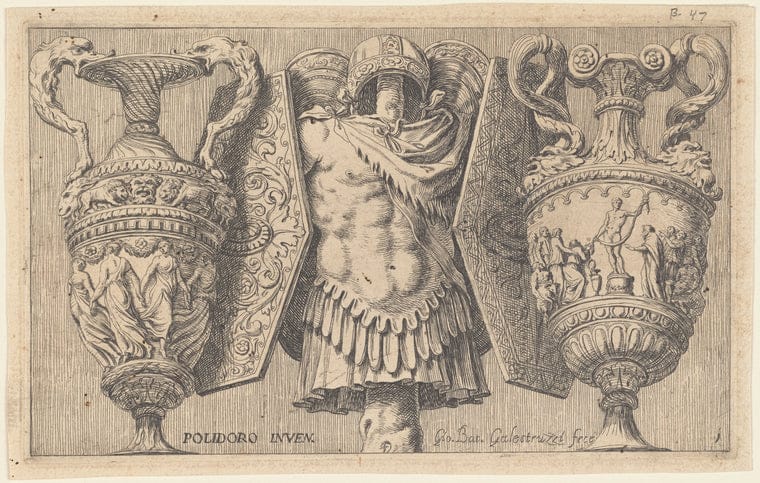 Art Print : A Cuirass Between Pairs of Shields and Vases, 1615-1669 - Vintage Wall Art