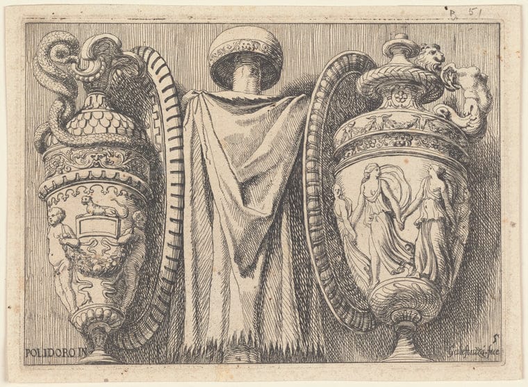 Art Print : Large Coat with Fringe Between Two Vases, 1615-1669 - Vintage Wall Art
