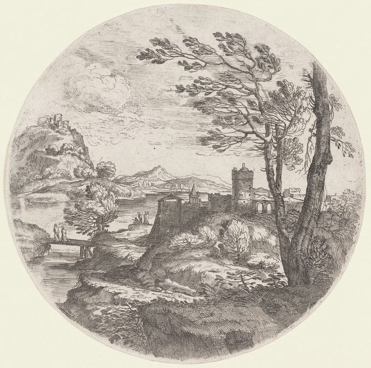 Art Print : Landscape with Two Women on a Bridge, 1606-1680 - Vintage Wall Art