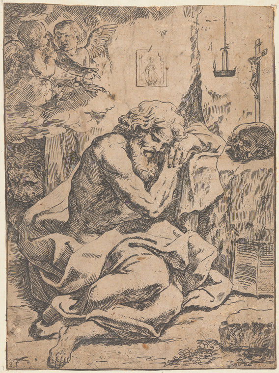 Art Print : St. Jerome in a Grotto with Two Angels, 1612-1691 - Vintage Wall Art