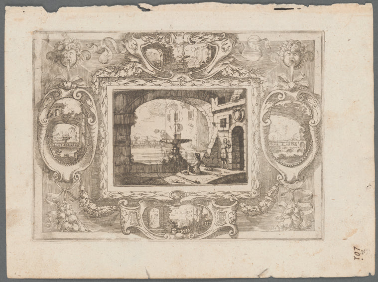 Art Print : View of a Fountain and Two Figures, 1680 - Vintage Wall Art