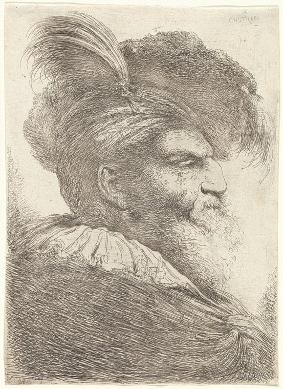 Art Print : Man with a Long Beard, Wearing a Headdress and Fur Cap, Facing Right, 1647 - Vintage Wall Art