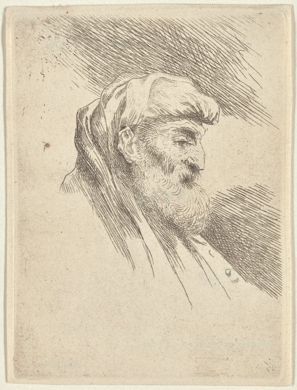 Art Print : Bearded Old Man Wearing Shoulder-Length Headdress, Facing Right, 1645-1650 - Vintage Wall Art V1