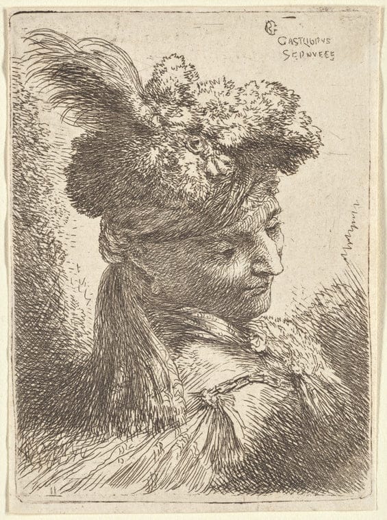 Art Print : Young Man Wearing a Fur Headdress with a Headband, Facing Right, 1645-1650 - Vintage Wall Art V2