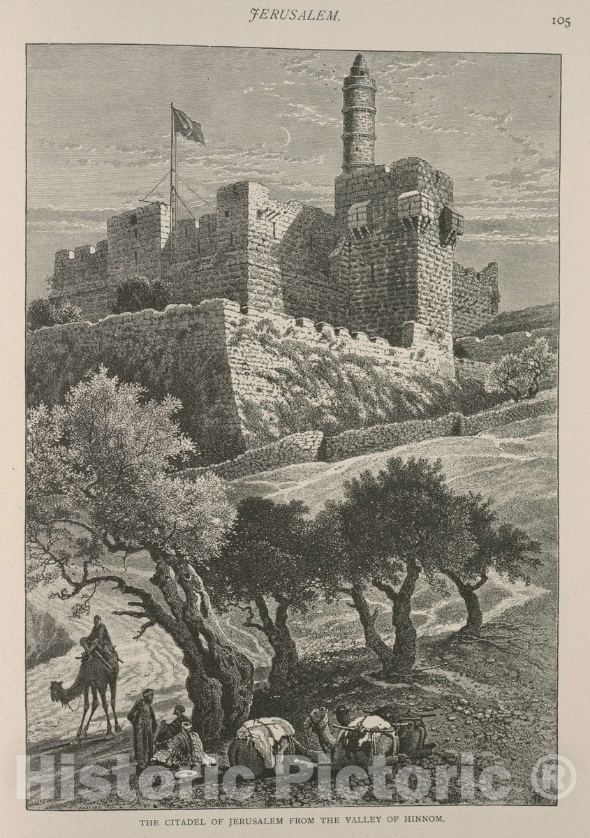 Art Print : 1881, The Citadel of Jerusalem from The Valley of Hinnom - Vintage Wall Art