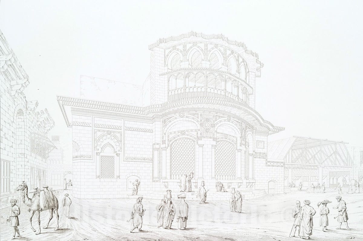 Art Print : 1839, Vue de la Fontaine et de l'Ecole d' Jsmayl-Bey sur la rue Souo-el-ASR. - Vintage Wall Art
