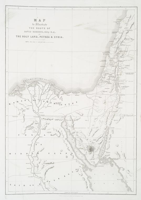 Art Print : 1842, Map to Illustrate The Route of David Roberts, ESQ: R.A. in The Holy Land, Petra & Syria - Vintage Wall Art