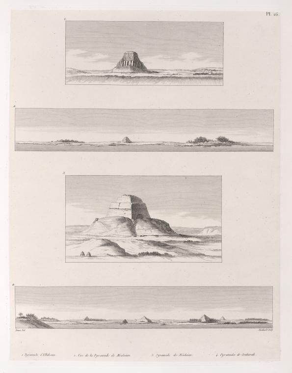 Art Print : 1829, 1. Pyramide d'Ellahoun; 2. Vue de la Pyramide de MEADOAm; 3. Pyramide de MEADOAm; 4. Pyramides des Sakarah [SaqqArah]. - Vintage Wall Art