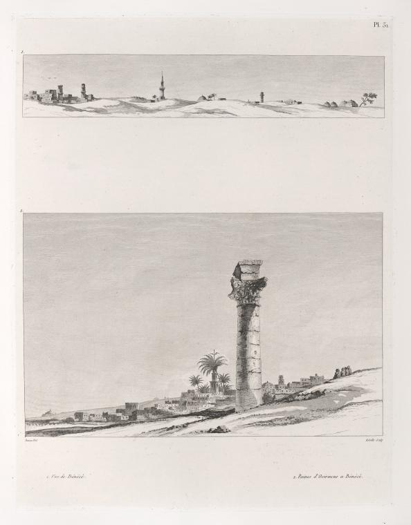 Art Print : 1829, 1. Vue de BenecA [BahnasA]; 2. Ruines d'Oxirincus [Oxyrhynchos] A BenecA [BahnasA]. - Vintage Wall Art