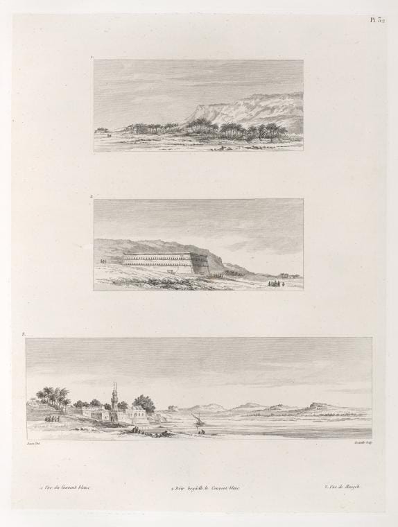 Art Print : 1829, 1. Vue du Couvent Blanc; 2. DEAr beyAdh, le Couvent Blanc; 3. Vue de Minyeh [MinyA]. - Vintage Wall Art