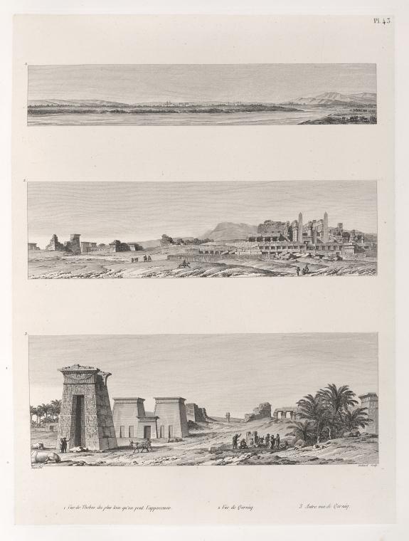 Art Print : 1829, 1. Vue de Thebes du Plus loin qu'on Peut l'appercevoir. 2. Vue de QarnAq [Karnak]. 3. Autre vue de QarnAq [Karnak] - Vintage Wall Art