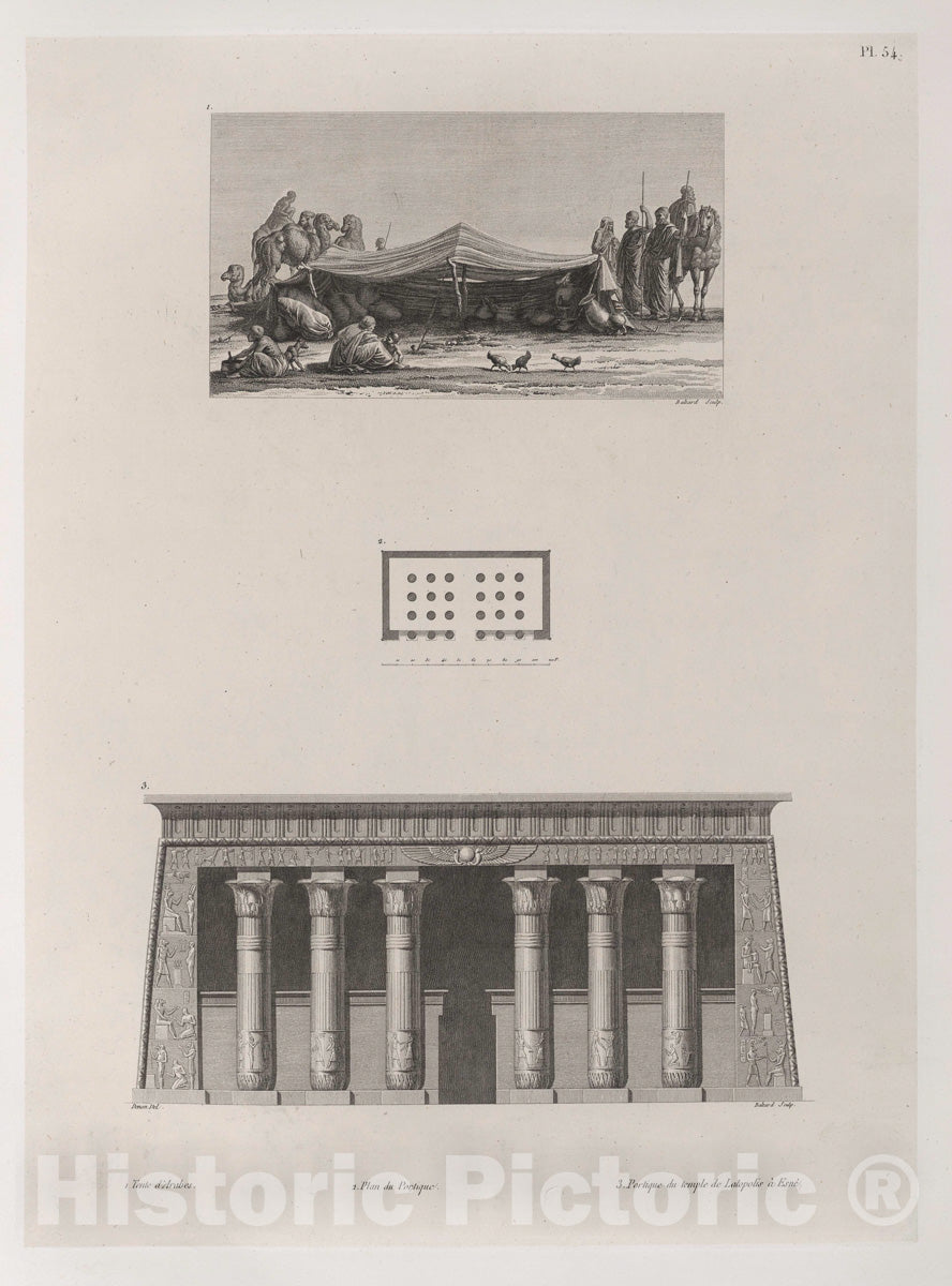 Art Print : 1829, 1. Tente d' Arabes. 2. Plan de Portique. 3. Portique du Temple de Latopolis A EsnA. - Vintage Wall Art