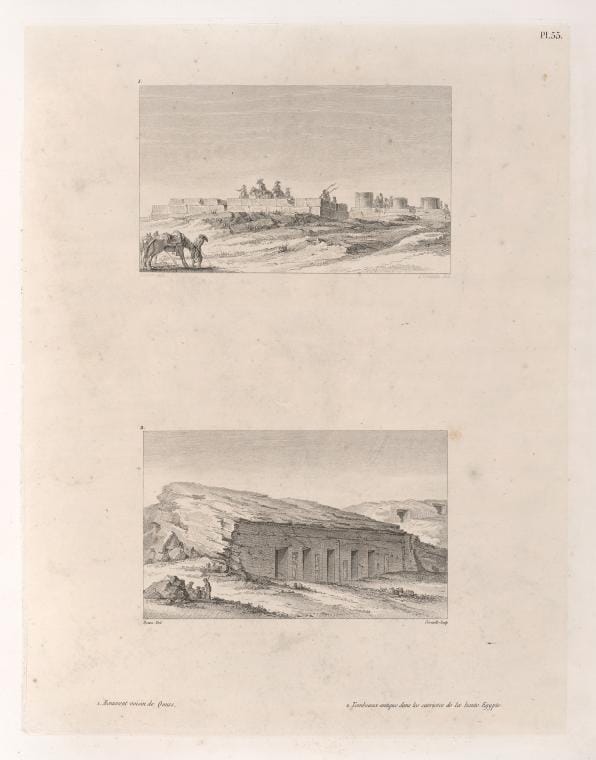 Art Print : 1829, 1. Monument Voisin de Qouss. 2. Tombeaux Antique Dans les carrieres de la Haute - Vintage Wall Art