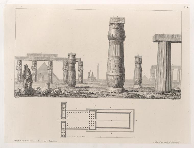 Art Print : 1829, 1. Reunion de Divers fragmens d'architecture Egyptienne. 2. Plan d'un Temple d'Apollinopolis. - Vintage Wall Art