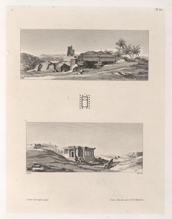 Art Print : 1829, 1. Ruines d'un Temple A Syene. 3. Ruines d'un des Temples de l'isle Elephantine. - Vintage Wall Art