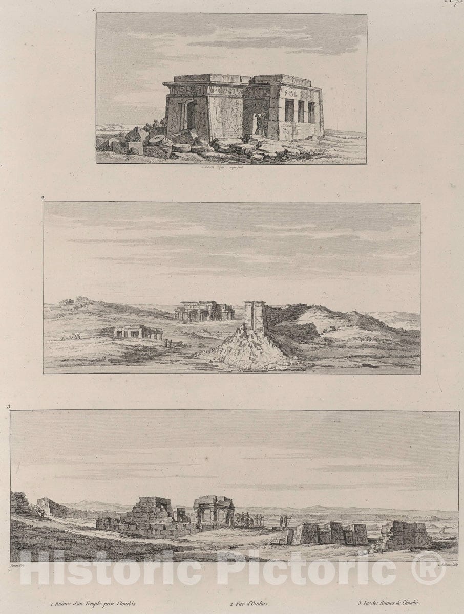 Art Print : 1829, 1. Ruines d'un Temple d'Ysis [Isis] pres Beibeth [Behbeit el-Hagar] (top). 2. Ruines de Sann [San el-Hagar = Tanis] (Bottom). - Vintage Wall Art