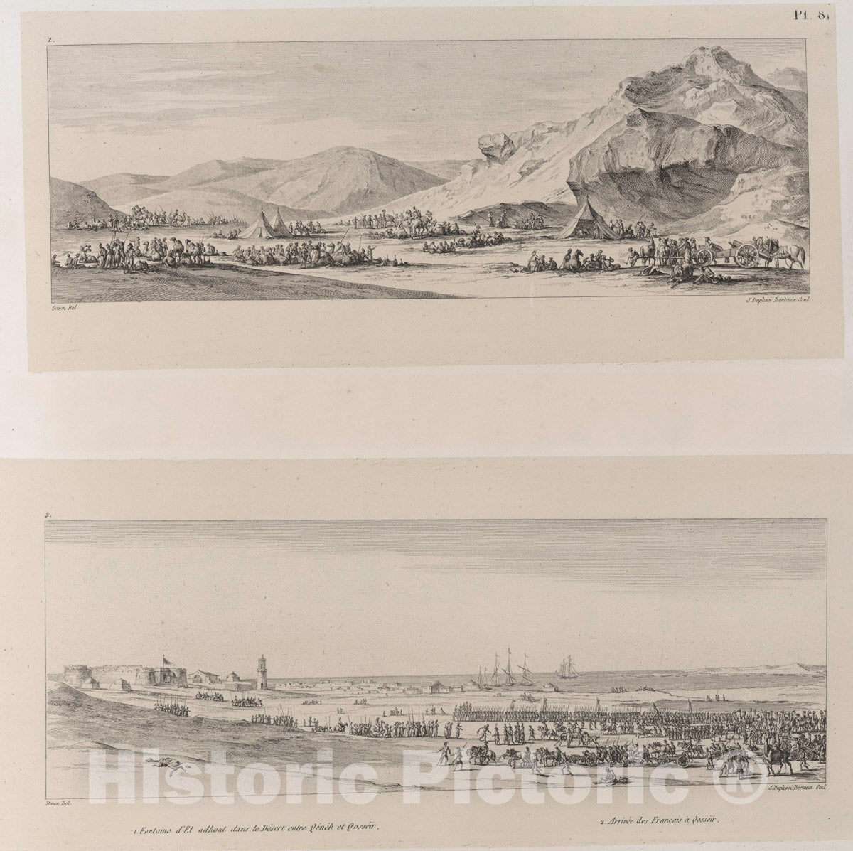 Art Print : 1829, 1. Fontaine d'ASl adhout Dans le Desert Entre Qeneh et QosseAr. 2. Arrivee des Francais A QosseAr. - Vintage Wall Art