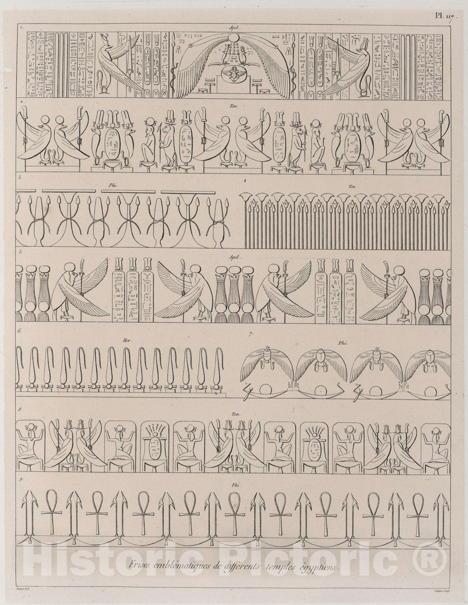 Art Print : 1829, Frises emblematique de differents Temples egyptiens. - Vintage Wall Art