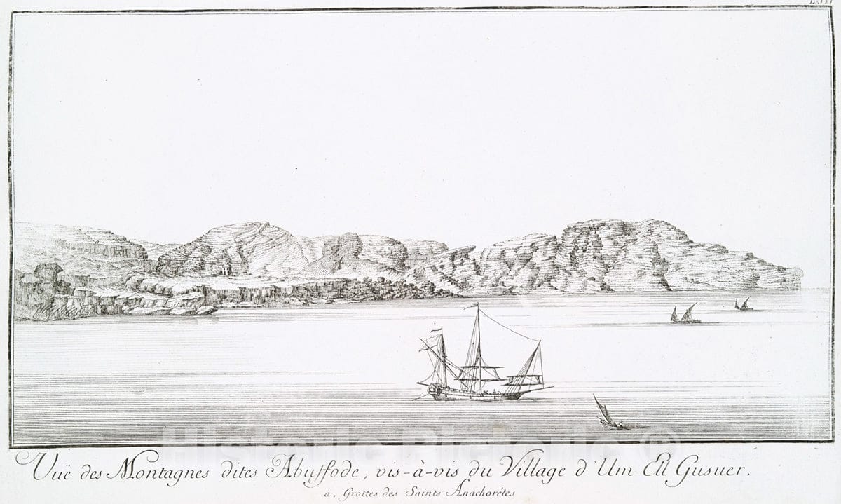 Art Print : 1780, Vue de Montagnes dites Abuffode, vis-A-vis du Village d'Um Ell Gusuer. (a. Grottes des Saints Anachoretes) - Vintage Wall Art