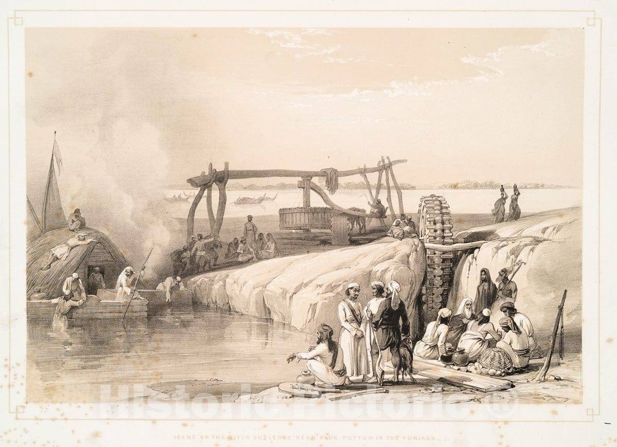 Art Print : 1842, Scene of The River Sutledge, Near Pauk-Puttun in The Punjaub. - Vintage Wall Art