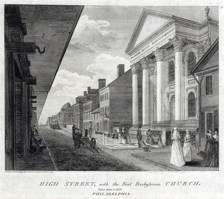 Art Print : 1820, High Street, with The First Presbyterian Church. - Vintage Wall Art