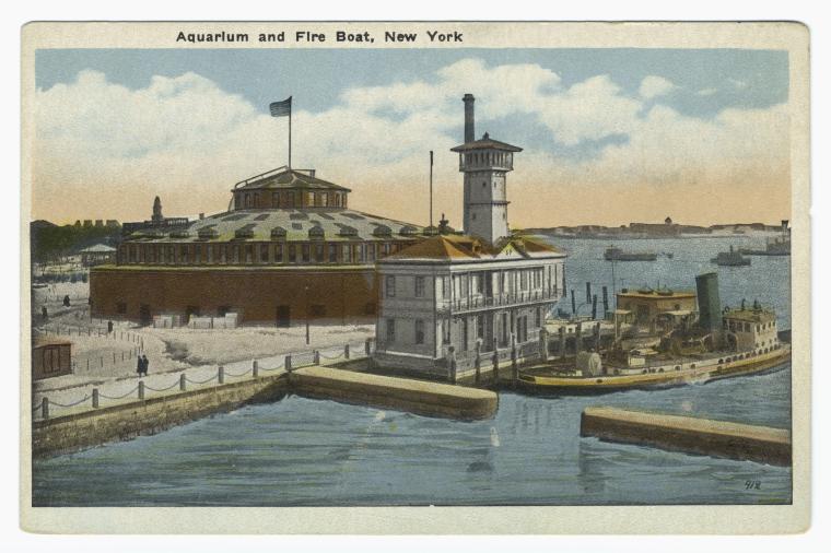 Art Print : Aquarium and fire Boat, New York, 1915 - Vintage Wall Art