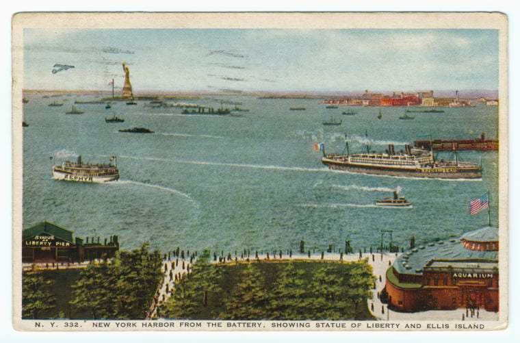 Art Print : New York Harbor from The Battery, Showing Statue of Liberty and Ellis Island, 1856 - Vintage Wall Art