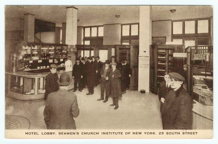 Art Print : Hotel Lobby, Seamen's Church Institute of New York. 25 South Street, 1915 - Vintage Wall Art