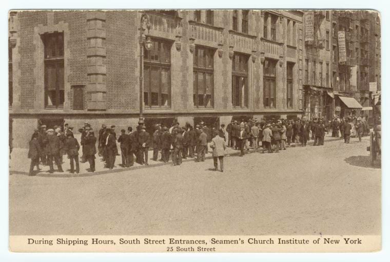 Art Print : During Shipping Hours, South Street entrances, Seamen's Church Institute of New York. 25 South Street, 1915 - Vintage Wall Art