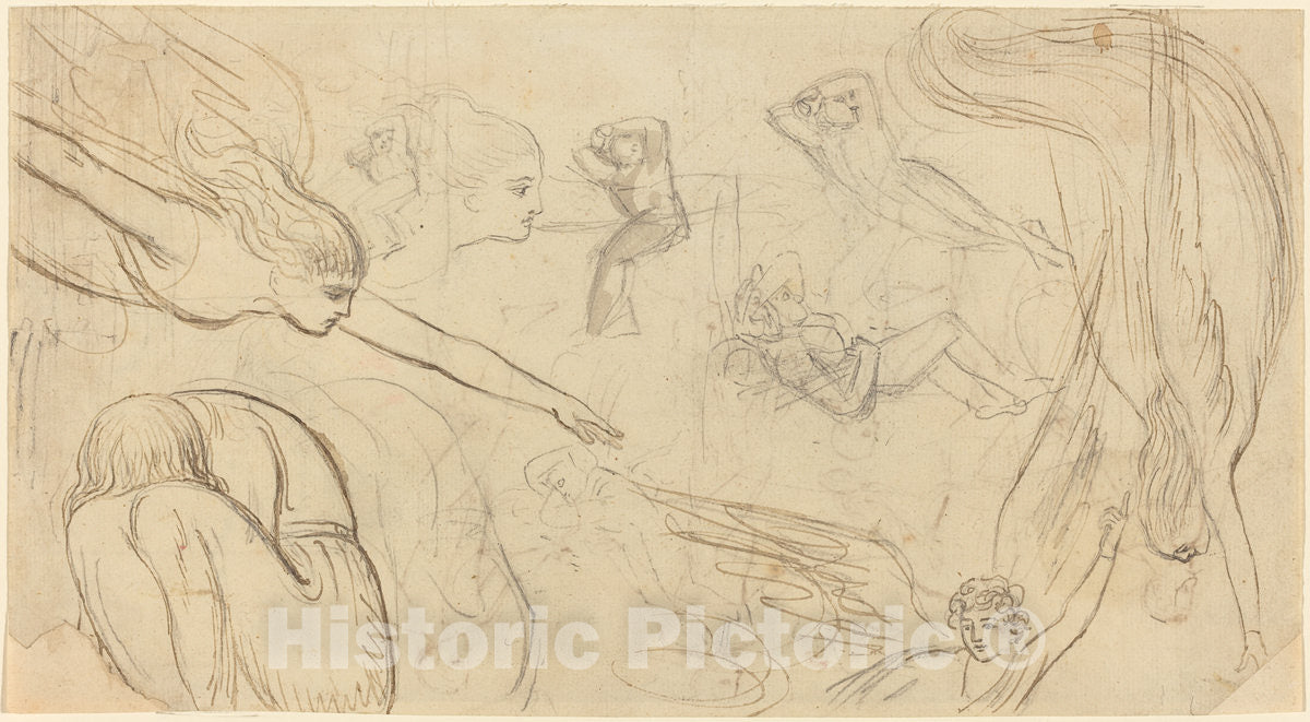 Art Print : Thomas Stothard, Sheet of Studies with Angels and Cowering Figures (Illustration for Macklin's Bible?), c. 1791 - Vintage Wall Art