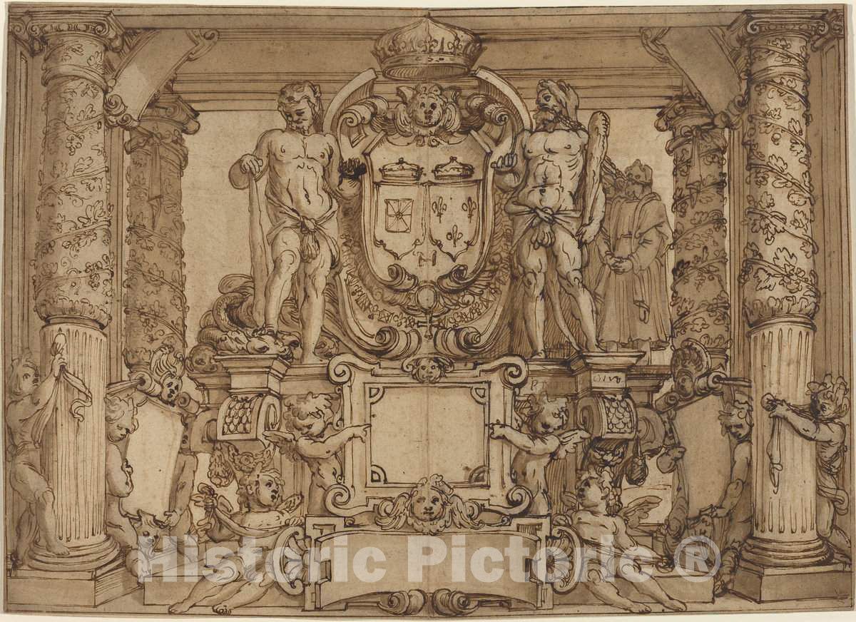 Art Print : Tempesta or Agostino Ciampelli, an Architectural Wall Design in Honor of Henry IV, The Gallic Hercules, c. 1600 - Vintage Wall Art