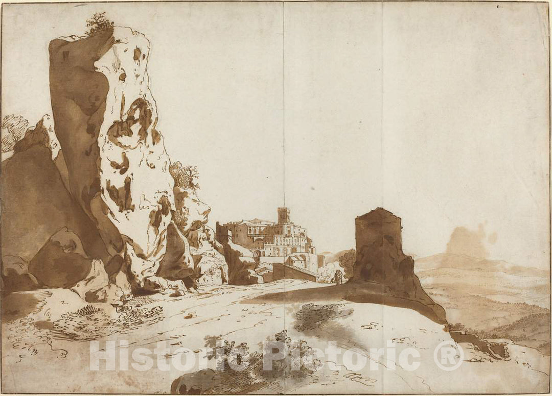 Art Print : Bartholomeus Breenbergh, The Fantastic Rocks and Castle at Bomarzo [Recto], c. 1625 - Vintage Wall Art