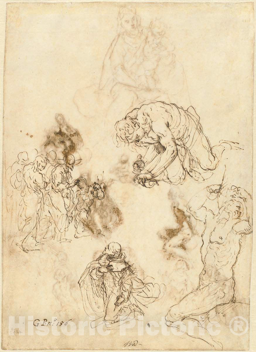 Art Print : Jacopo Palma il Giovane, Studies of Christ Healing The Blind Man, Saint Philip Benizzi, and Saint Sebastian, c. 1611 - Vintage Wall Art