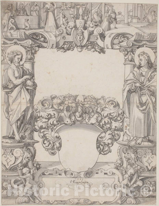 Art Print : Hans Kaspar Lang, Glass Design with Saint John The Baptist and Saint John The Evangelist, 1595 - Vintage Wall Art