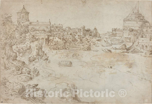 Art Print : Ã‰tienne DupÃ©rac, View of The Castle Sant'Angelo and The Ospedale di Santo Spirito [Recto], c.1559 - Vintage Wall Art