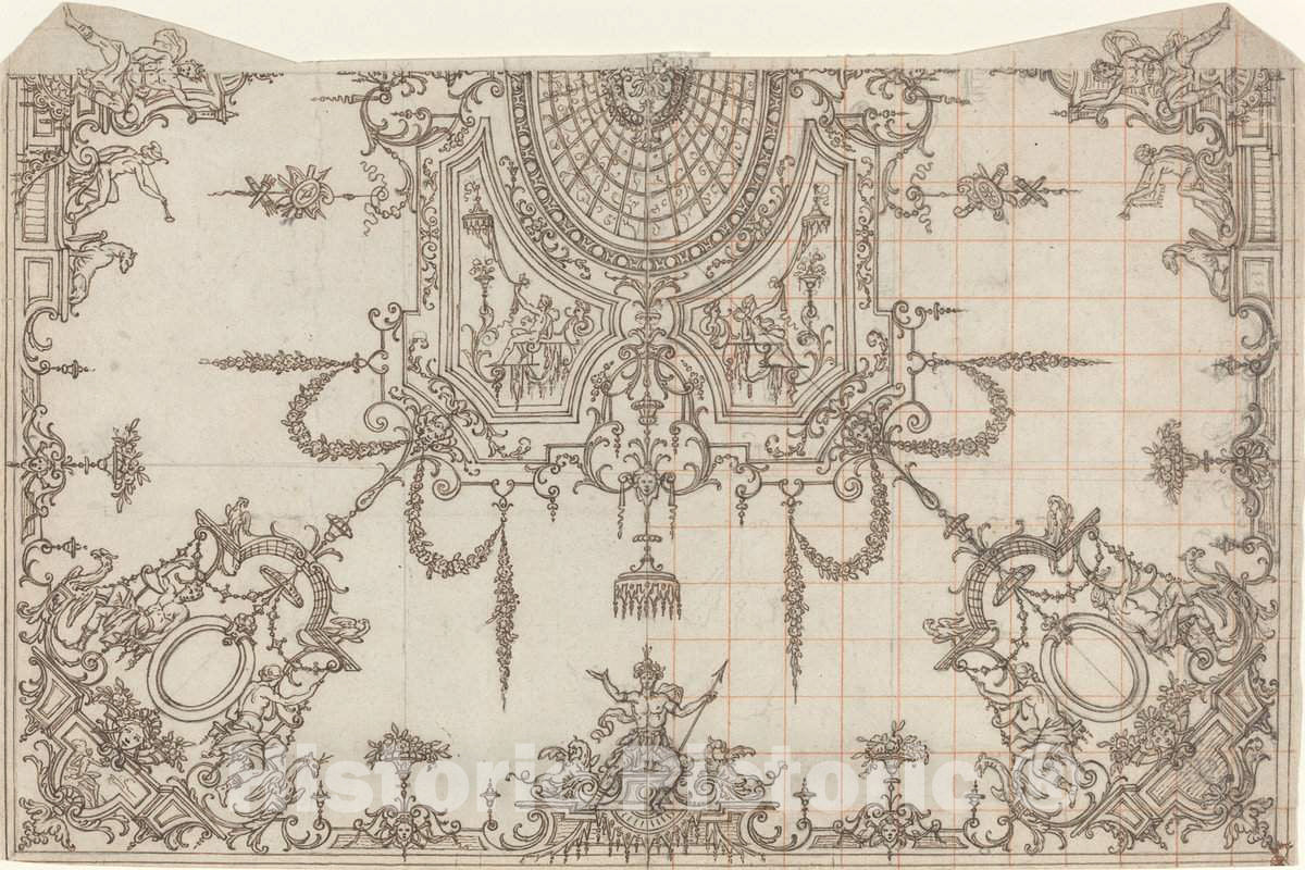 Art Print : Jean BÃ©rain, an Elaborate Ceiling with Trellises and Seated Figures, c. 1700 - Vintage Wall Art