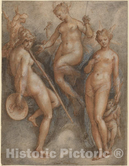Art Print : Jan Van der Straet, Three Goddesses: Minerva, Juno and Venus, c. 1587 - Vintage Wall Art