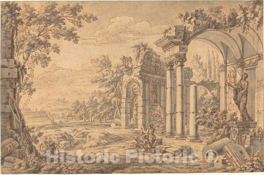 Art Print : Johann Oswald Harms, Landscape with a Draftsman Among Ancient Ruins, 1670s - Vintage Wall Art