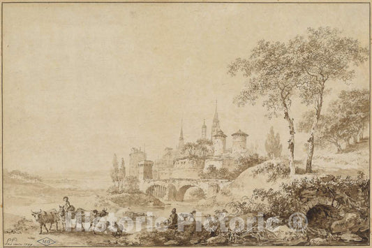 Art Print : Baptiste Le Prince, Shepherds in a Landscape Before a Fortified Town, 1777 - Vintage Wall Art