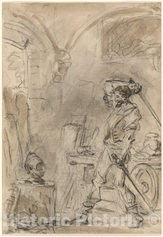 Art Print : HonorÃ© Fragonard, Don Quixote About to Strike The Helmet, 1780s - Vintage Wall Art